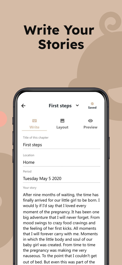 Baby Diaries - Book Journal - Interface of the Baby Diaries app showing the writing tab to document milestones and pregnancy stories.