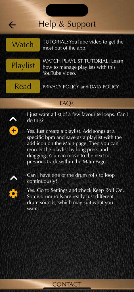 Help and support page with tutorial links and FAQs for the Drum Loops and Metronome app