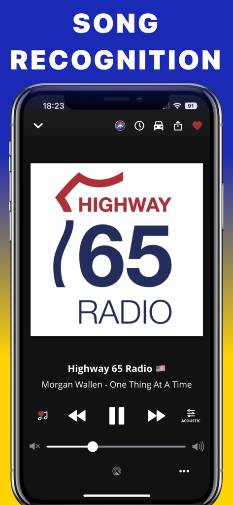 Interface de l'application FM Radio Tuner mettant en évidence la fonction de reconnaissance de chansons affichant les informations sur l'artiste et le titre.