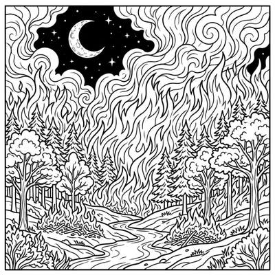 Experience the raw power of nature with this captivating wildfire coloring page set against a dramatic night sky. Render the fierce flames and swirling smoke under the watchful crescent moon with your favorite colors.