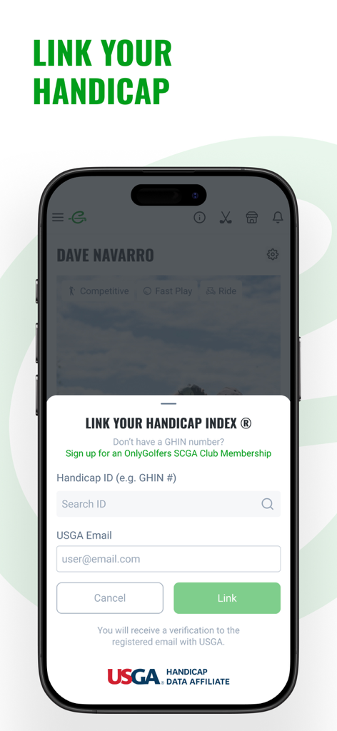 OnlyGolfers App - A smartphone showing the OnlyGolfers app interface with a popup to link a USGA handicap index using a GHIN number.