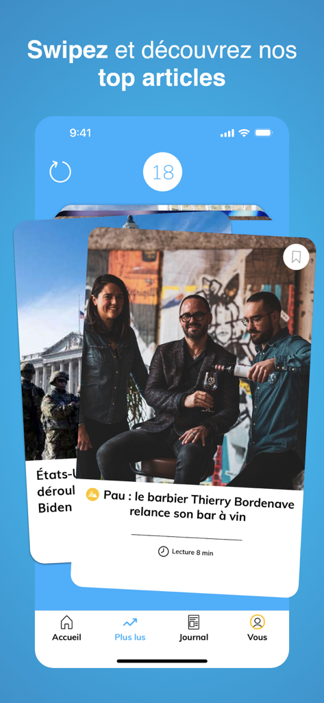 La République des Pyrénées - La Republique des Pyrenees news app interface showing a swipeable gallery of top articles