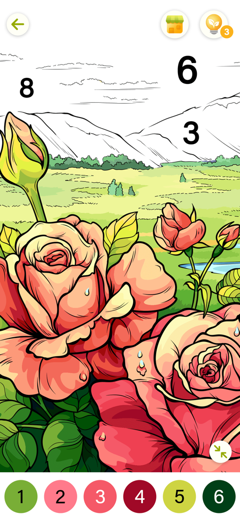 Color Oasis - Color by Number - A color by number app interface showing a detailed coloring page of pink roses with a mountain landscape in the background
