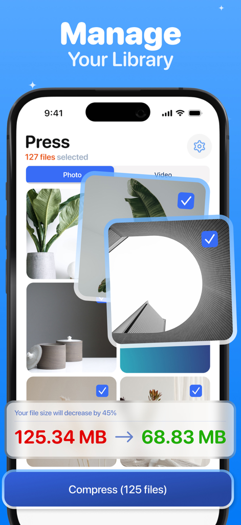 Ai Storage Cleaner・Clean Up - Interfaz de la aplicación Ai Storage Cleaner mostrando una reducción del tamaño del archivo del 45 por ciento después de comprimir fotos