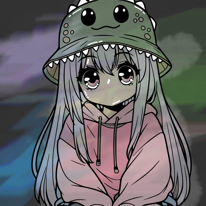 girl with anime shaped eyes with a dinosaur bucket hat oversized sweatshirt long straight hair