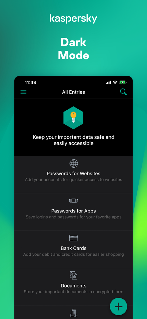 Kaspersky Passwords & Docs - Kaspersky Password Manager mobile app interface in dark mode showing password and document categories