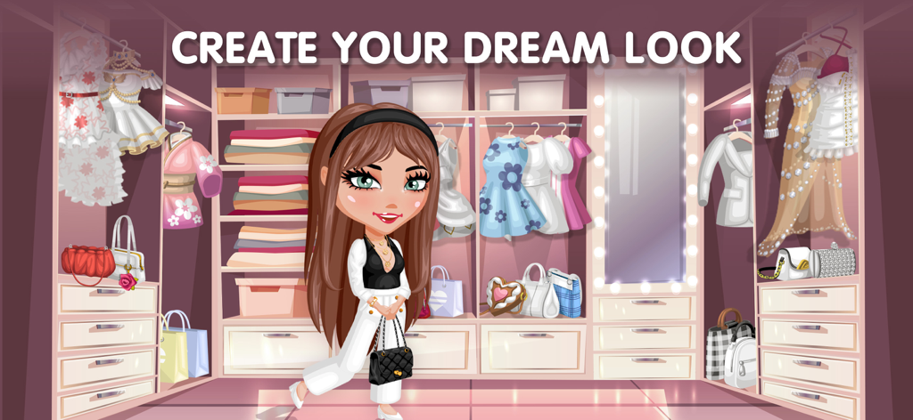 Avatar Life - love & bit gacha - Eine Cartoon-Avatar-Frau steht in einem begehbaren Kleiderschrank voller verschiedener Kleider und Accessoires mit dem Text Erstelle deinen Traumlook