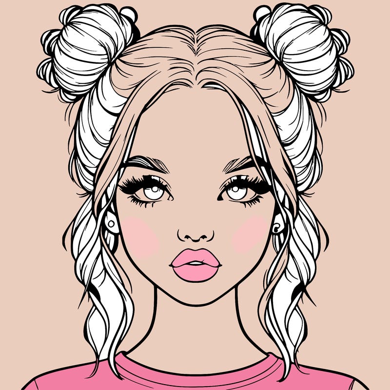 realistic girl with two buns in hair and lips