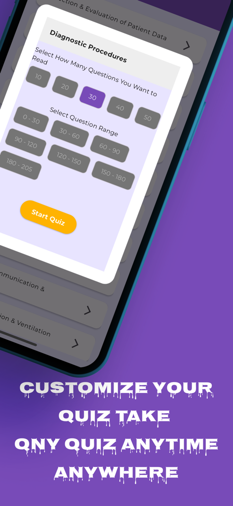 Respiratory Therapist NBRC - Interface do aplicativo móvel mostrando configurações de quiz de procedimentos diagnósticos com opções para selecionar o número de questões e o intervalo de questões.