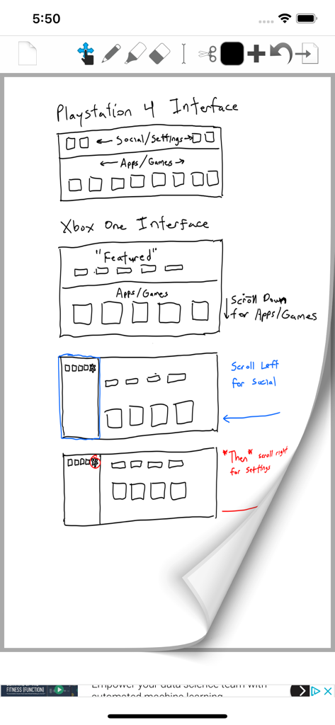 PDF Note Proアプリのデジタルノートパッドに手描きのUIデザインスケッチ