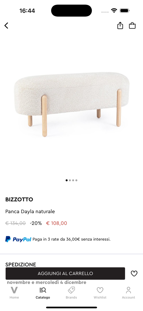 VENTIS - Fashion & Home Design - Product details of a white textured Bizzotto bench on the VENTIS home design mobile app.