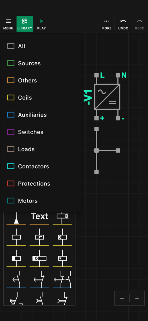 Simurelay Full Access - Simurelay app interface displaying a categorized list of electrical components and a power supply symbol on a grid