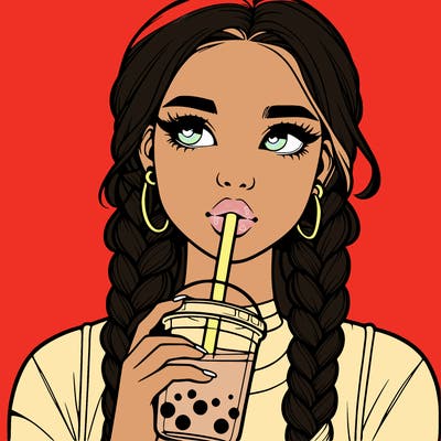 realistic girl with braided hair drinking boba