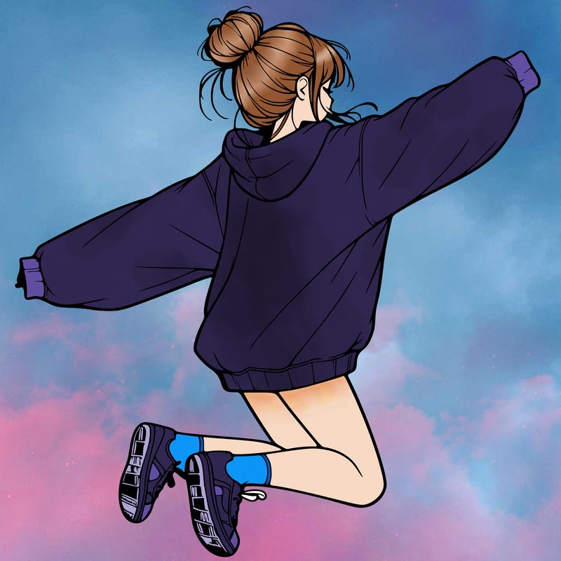 realistic girl jumping with a bun and oversized sweatshirt