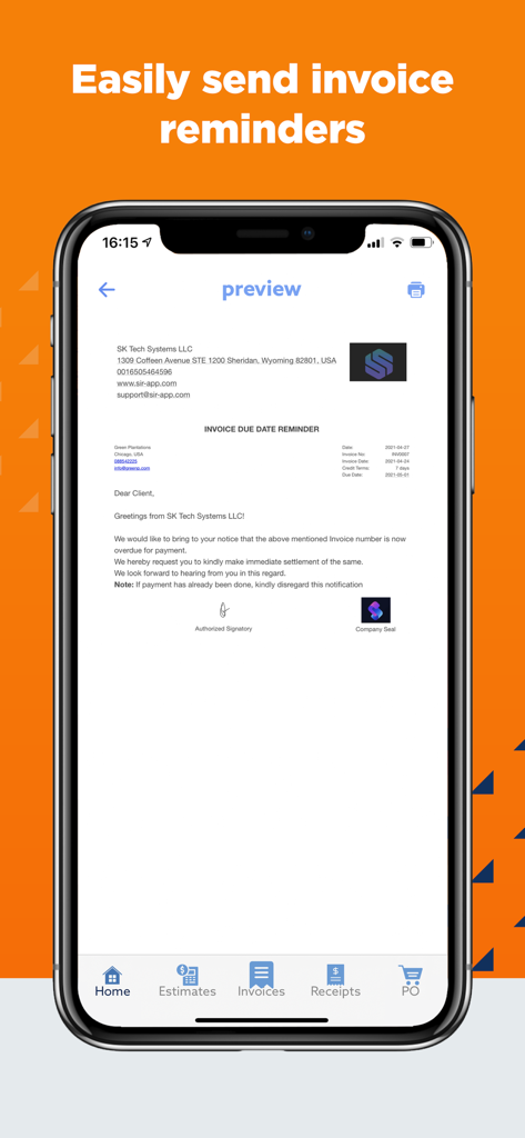 Simple Invoice Maker & Receipt - Pantalla de teléfono móvil que muestra una vista previa de un recordatorio de fecha de vencimiento de factura profesional de la aplicación SIR