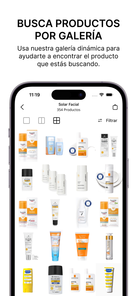 Farma2go - Parafarmacia Online - Mobile app interface of Farma2go showing a dynamic gallery of European sunscreens and skincare brands