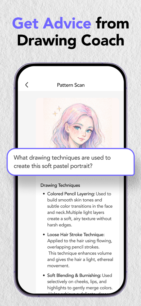 ArtCoach - Learn How to Draw - ArtCoach app interface showing AI analysis and techniques for a pastel portrait drawing