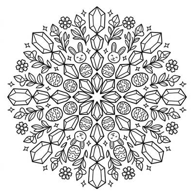 Unleash your creativity with this dazzling Easter kaleidoscope coloring page, blending intricate gemstone patterns with cheerful spring motifs. Discover adorable bunnies, decorated eggs, and blossoms in a symmetrical design that promises hours of coloring joy.
