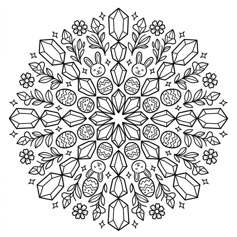Unleash your creativity with this dazzling Easter kaleidoscope coloring page, blending intricate gemstone patterns with cheerful spring motifs. Discover adorable bunnies, decorated eggs, and blossoms in a symmetrical design that promises hours of coloring joy.