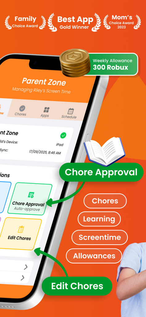 Parental Control: Carrots&Cake - 家事の承認設定と子供向けのRobux報酬を示すペアレンタルコントロールアプリのインターフェース