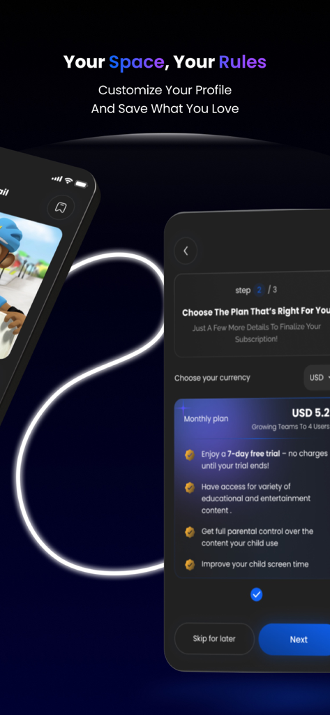 Tahseen Kids - تحصين كيدز - Tahseen Kids app subscription screen showing monthly plan details, free trial offer, and parental control features