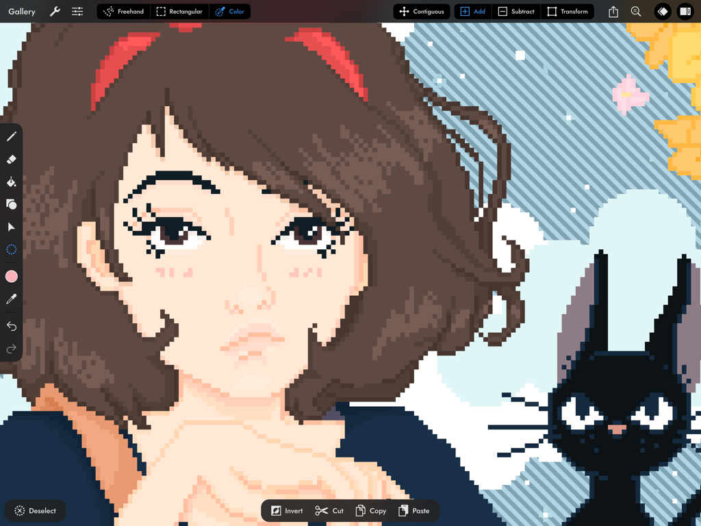 Interfaz de la aplicación Pixaki 4 Intro mostrando un personaje de pixel art y herramientas de selección en un iPad