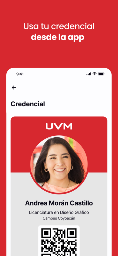 Una tarjeta de identificación digital de estudiante en la pantalla de un móvil de la app Conexión Lince UVM que muestra una foto del estudiante, nombre y código QR.