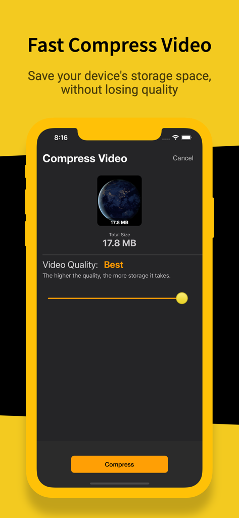 Video Compressor . - iPhone interface showing video compression settings with a quality slider to save storage space.