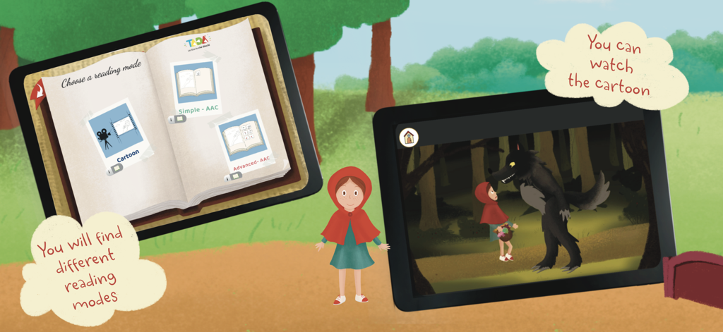 Tadà - Tada app interface showing various reading options and a cartoon scene for inclusive education