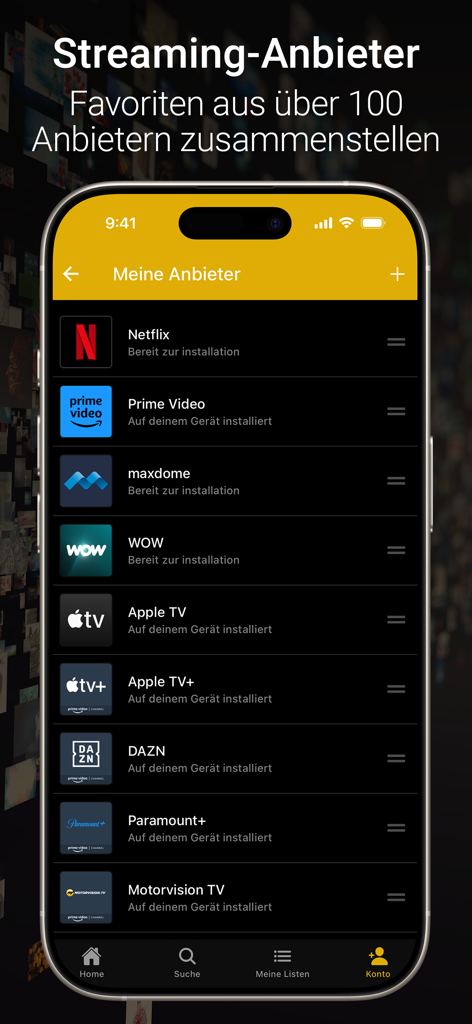 Smartphone-Oberfläche, die eine Liste von Streaming-Diensten wie Netflix und Prime Video innerhalb der WerStreamtes-App anzeigt