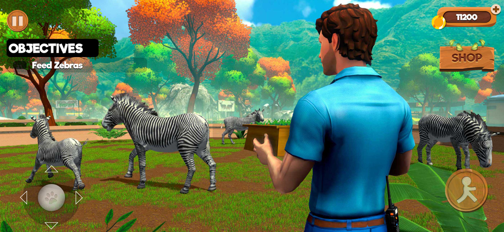 Zoo Keeper Simulator Tycoon 3D - A zookeeper character carrying a food box towards zebras in a 3D animal simulation game