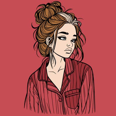 realistic woman with pajamas on and a messy bun