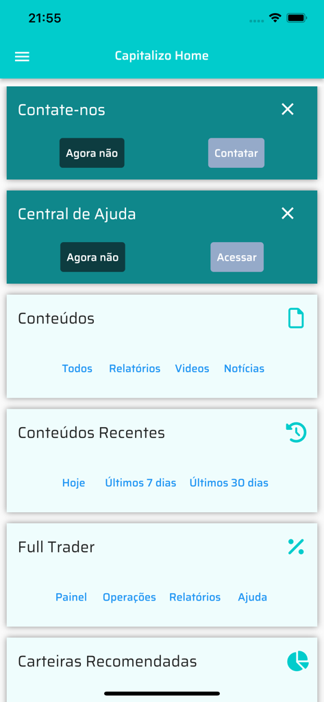 Tela inicial do aplicativo de consultoria financeira Capitalizo com seções para relatórios de investimento, painéis de negociação e portfólios recomendados.