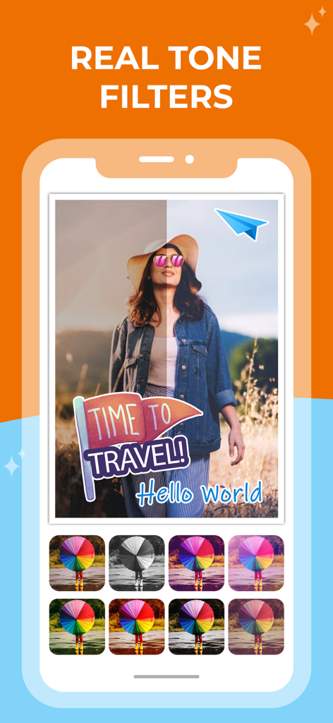 Photo Collage Maker & Editing - Interfaz de la aplicación móvil mostrando filtros de tono real y pegatinas de viaje en una foto de retrato.