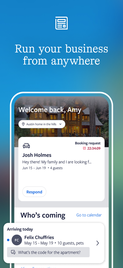 Interface de l'application Vrbo Propriétaire montrant un tableau de bord avec les demandes de réservation et les notifications d'arrivée des voyageurs.
