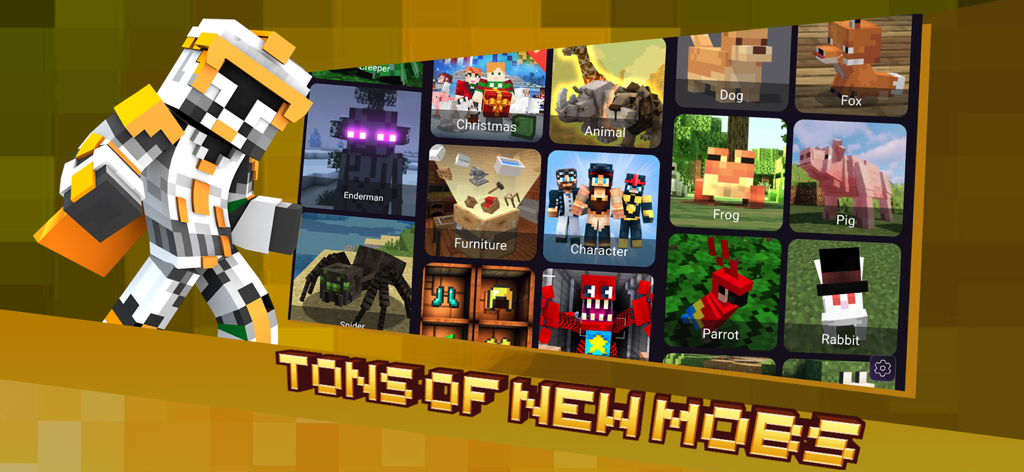 A gallery of various Minecraft 3D mob models and character skins available in the MCPE Model Maker app.