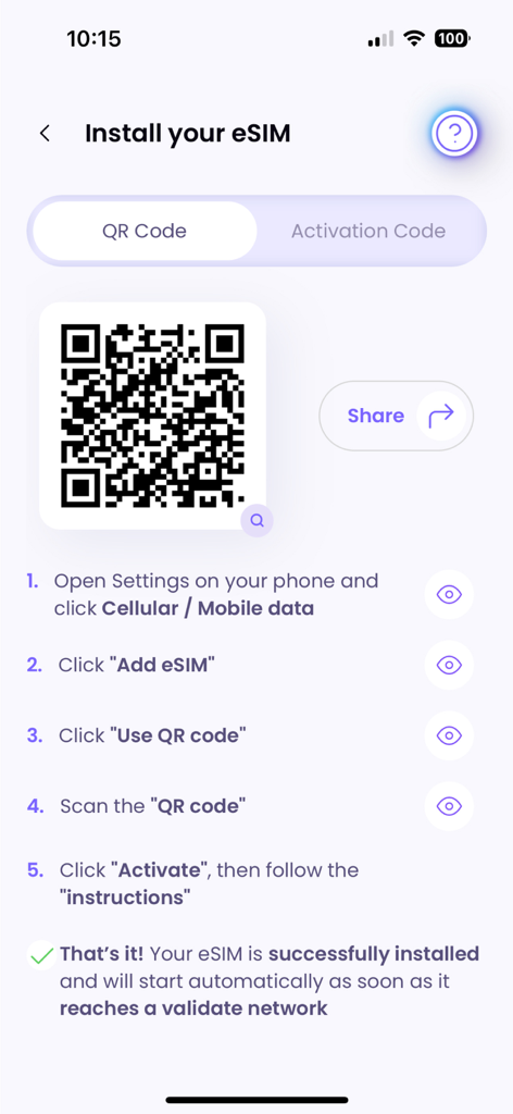 Instruções passo a passo para instalação de eSIM com um código QR no aplicativo SimOptions