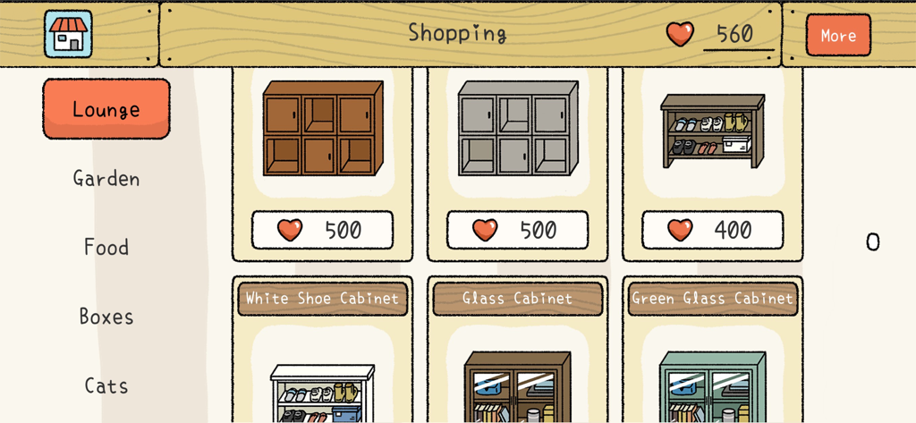 Adorable Home - A shopping interface in the Adorable Home game showing lounge furniture items like cabinets and shoe racks available for purchase with Love currency.