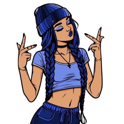 realistic teenage girl with braids and a beanie and crop top doing 🫶🏼