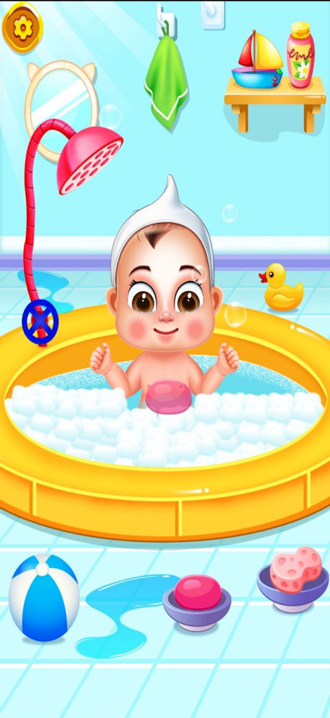 Cute Baby Sitter Daycare Games - A smiling baby character having a bubble bath in a yellow tub within the Cute Baby Sitter Daycare game.