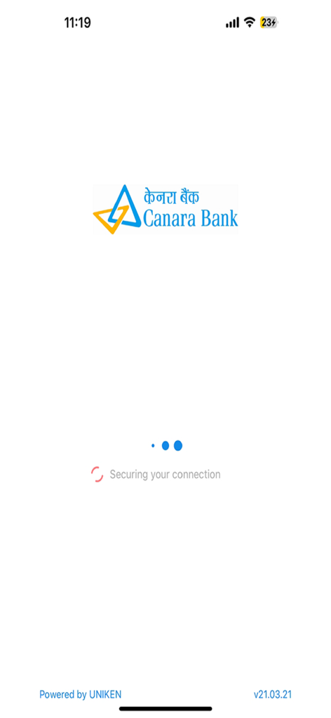 Canara CanDigital - Splash screen of Canara CanDigital app showing the Canara Bank logo and a securing your connection message.