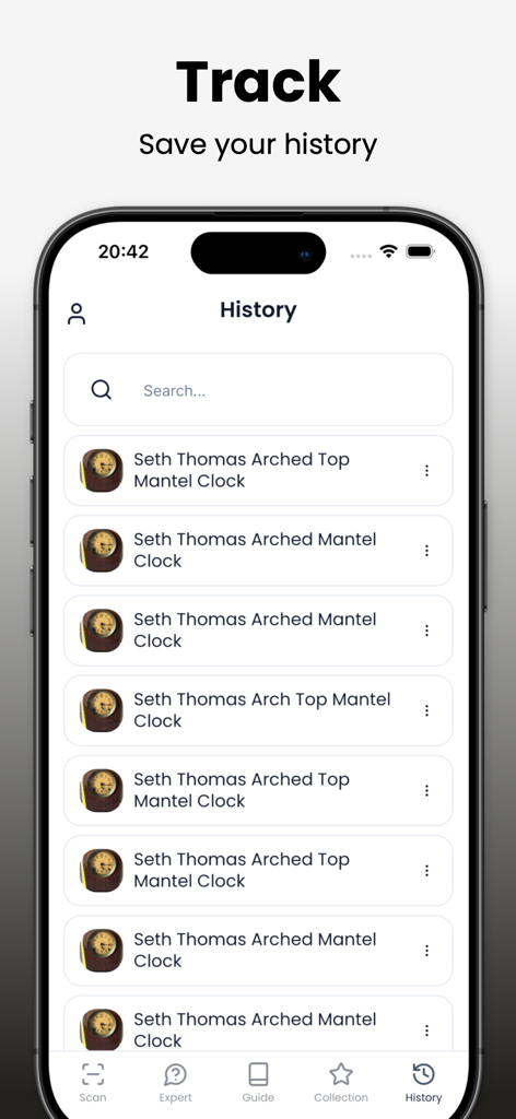 A mobile screen from the Antiqueby app showing a history list of identified Seth Thomas mantel clocks.