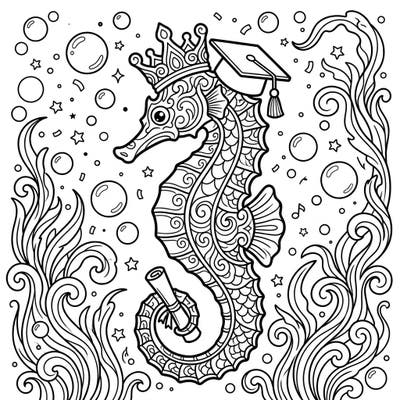 Dive into a world of underwater celebration with this unique Crown Seahorse graduation coloring page. It's the perfect way to honor achievements with a touch of aquatic royalty.