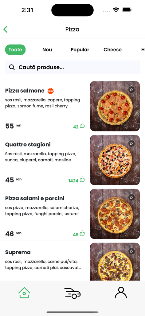 Presto Pizza mobile app screen displaying a variety of pizza options with prices and ingredients.