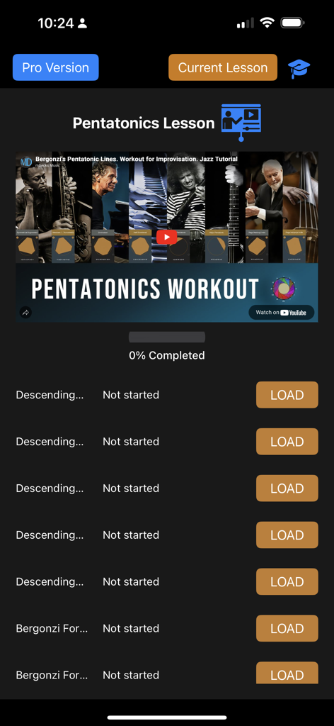 Tessitura Pro Scales - Interfaz de la aplicación Tessitura Pro Scales mostrando una lección de música de pentatónicas con instrucciones en video y módulos de ejercicio.