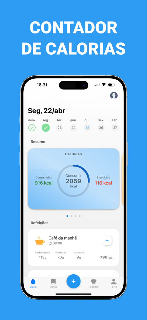 IPhone dashboard of a calorie counter app showing daily intake summary and breakfast macronutrients