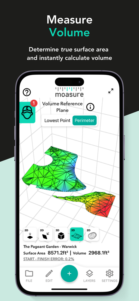 Moasure - A 3D visualization of surface area and volume measurements on the Moasure app interface