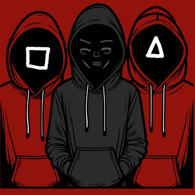 3 faceless people in  hoodies