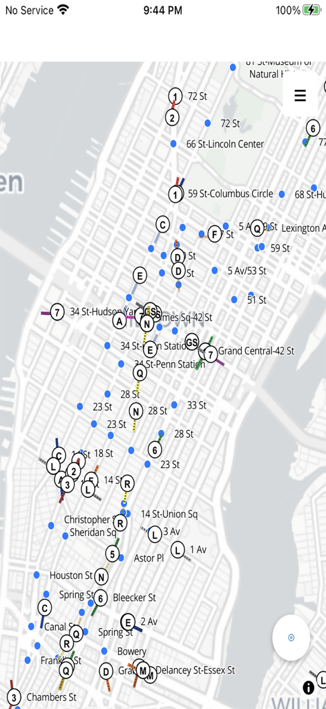 NYC live subway map - Interactive map showing real-time subway and bus locations across Manhattan