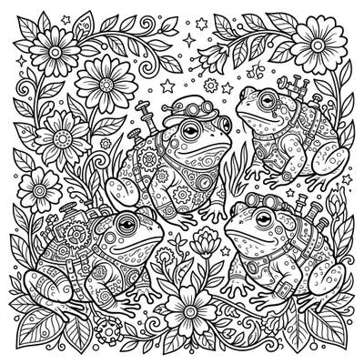 Discover a charming scene where warty-skinned toads are reimagined with intricate steampunk gadgets, set amidst the fresh bloom of a vibrant spring garden. This delightful coloring page perfectly blends industrial fantasy with the beauty of nature, offering a truly unique creative escape.